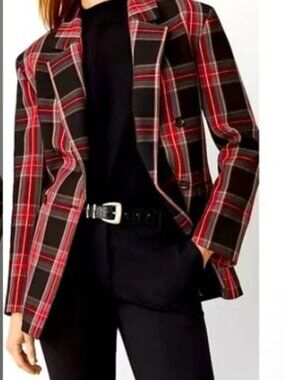 Ann Taylor Plaid Structured Blazer NWT Red Black Cream Size 12 Petite